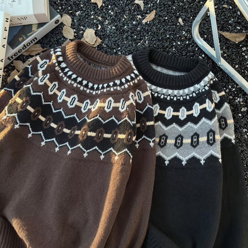 Unisex Oversized Rundhalspullover mit Norweger-Jacquard und gerippten Bündchen Shop Nory
