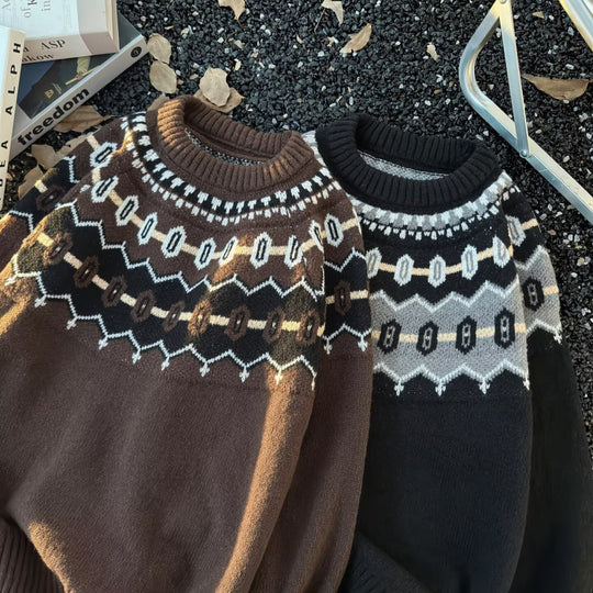Unisex Oversized Rundhalspullover mit Norweger-Jacquard und gerippten Bündchen Shop Nory