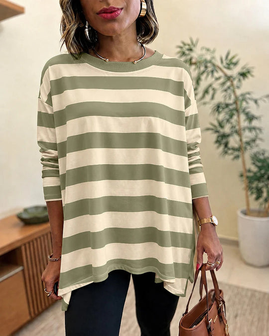 Damen Oversized Streifen-Longsleeve mit Rundhalsausschnitt und abgerundetem Saum Shop Nory
