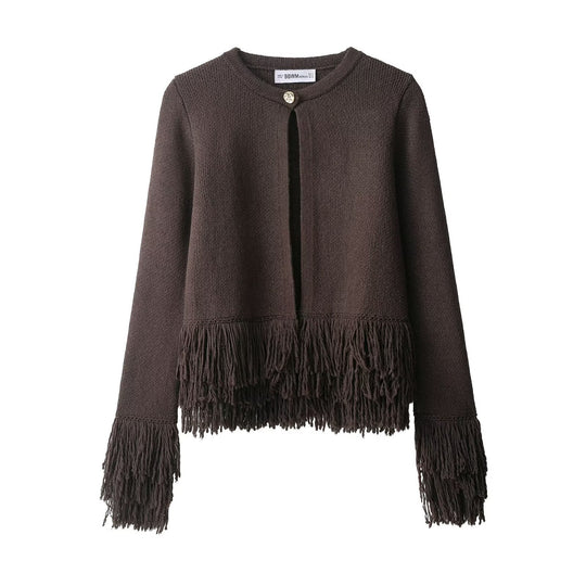 Damen Kurzer Strickcardigan mit Fransenbesatz, Rundhalsausschnitt und Ein-Knopf-Verschluss Shop Nory