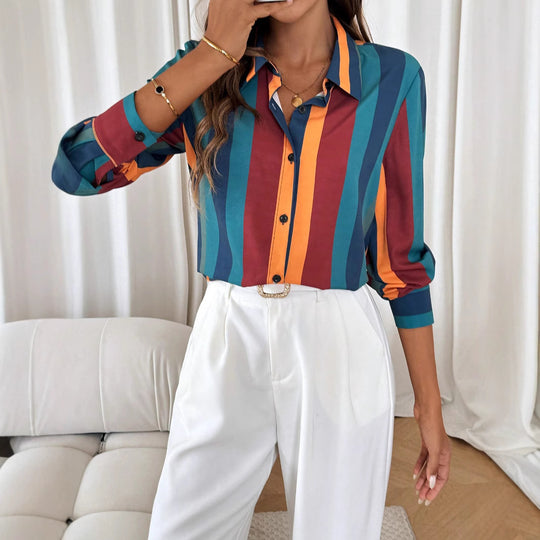 Damen Gestreifte Hemdbluse mit Kentkragen, durchgehender Knopfleiste und tailliertem Casual-Schnitt Shop Nory