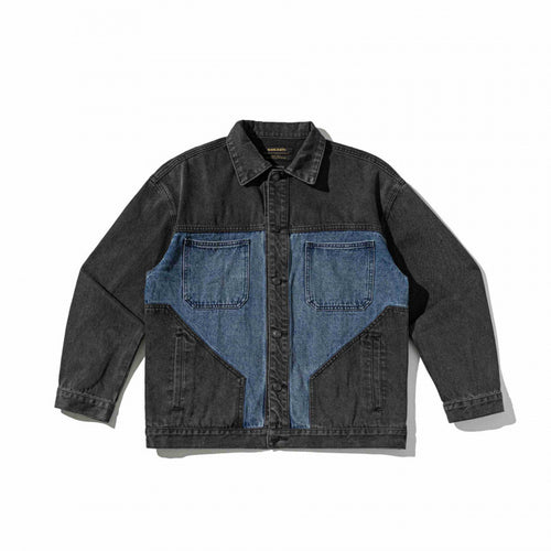 Unisex Zweifarbige Oversize-Denimjacke im Worker‑Look mit aufgesetzten Brusttaschen und geradem Saum Shop Nory
