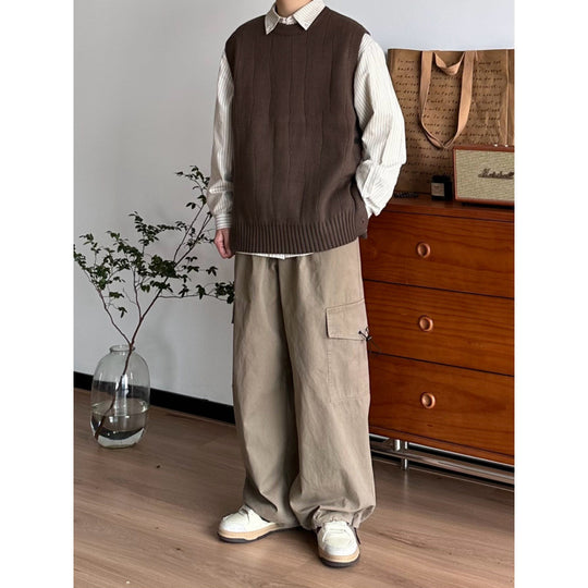 Herren Oversized Ärmellose Strickweste mit geripptem Saum und Rundhalsausschnitt Shop Nory