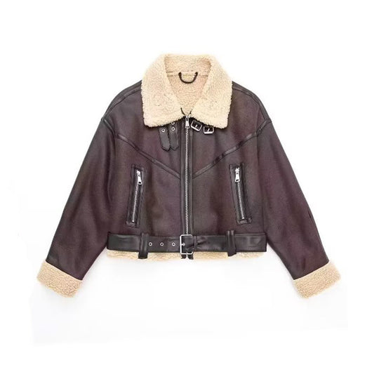 Damen Trendige und stilvolle Lederjacke mit Teddyfutter