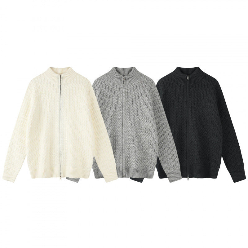 Unisex Boxy-Strickjacke mit Zopfmuster, Stehkragen und Zwei-Wege-Reißverschluss Shop Nory
