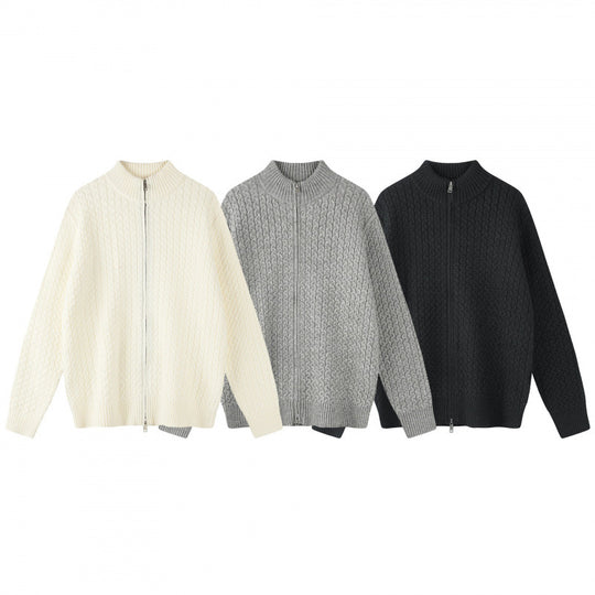 Unisex Boxy-Strickjacke mit Zopfmuster, Stehkragen und Zwei-Wege-Reißverschluss Shop Nory