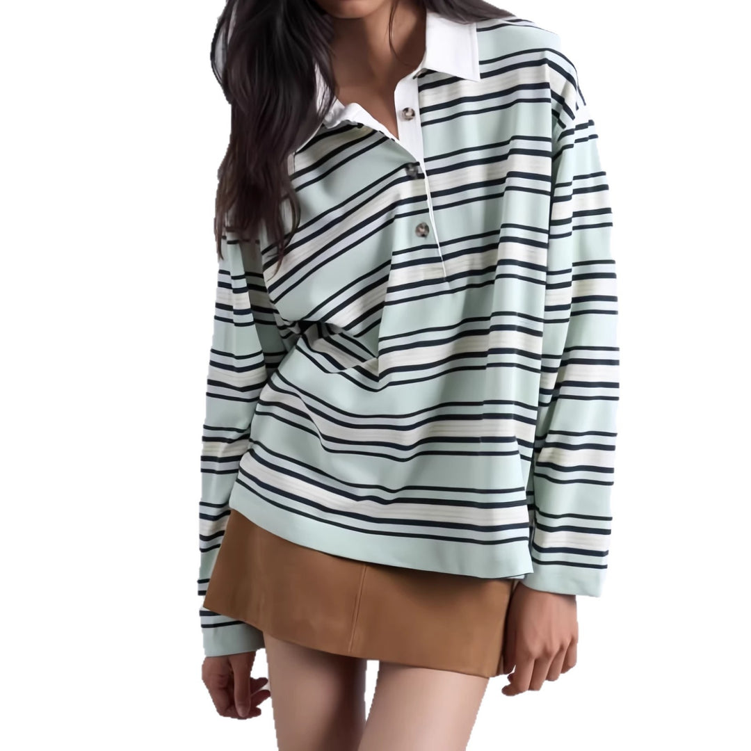 Damen Lässiger gestreifter Shirt mit Polokragen