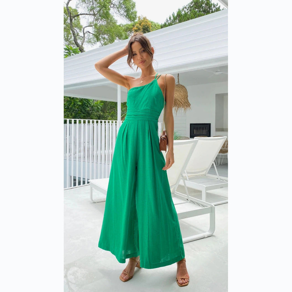 Damen Jumpsuit im modischen Wickeldesign mit weitem Bein und schulterfreiem Schnitt