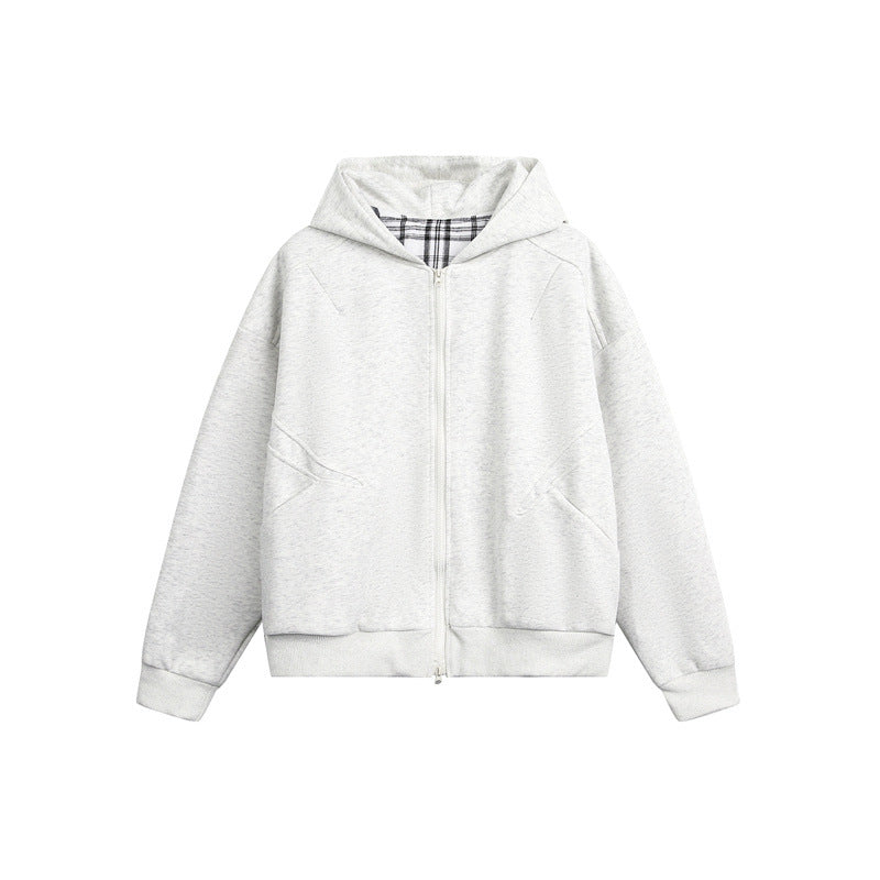 Unisex Kapuzen‑Sweatjacke mit Zweiwege‑Reißverschluss und kariertem Kapuzenfutter Shop Nory