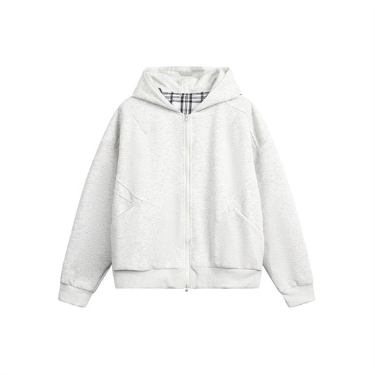 Unisex Kapuzen‑Sweatjacke mit Zweiwege‑Reißverschluss und kariertem Kapuzenfutter Shop Nory