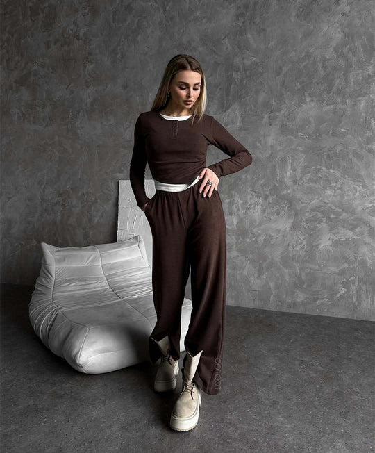 Damen Loungewear-Set aus weichem Modal mit Henley-Knopfleiste und weitem High‑Waist Loungehose Shop Nory