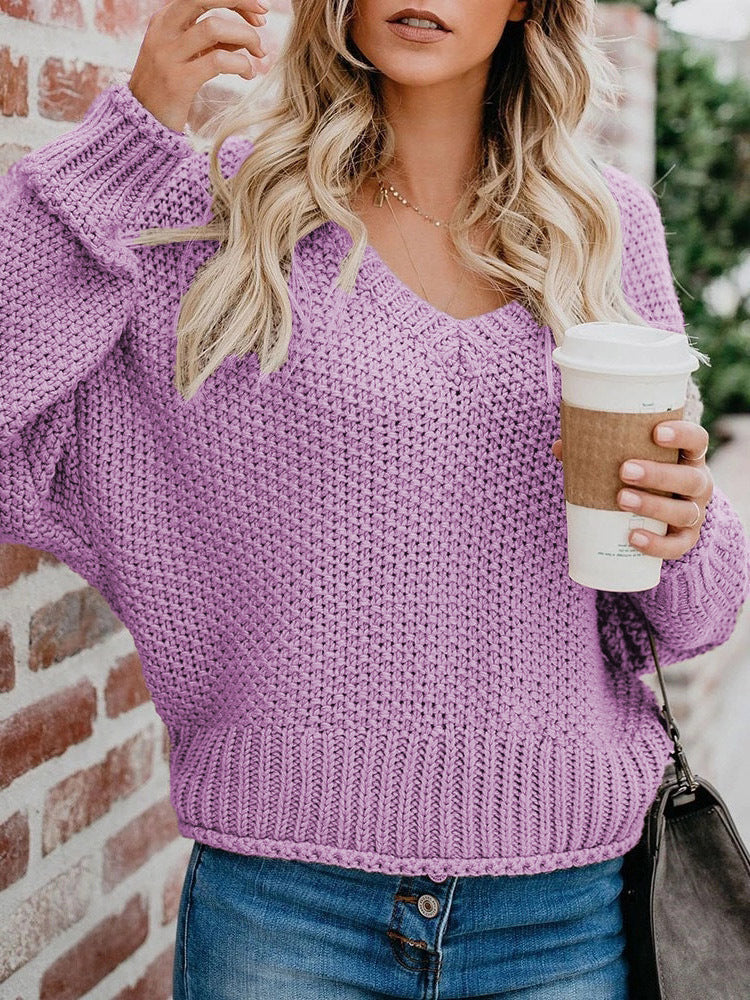 Damen Oversize Grobstrickpullover mit V-Ausschnitt und Rippsaum Shop Nory
