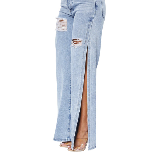 Damen Weite High‑Waist Denim‑Jeans mit hohen Seitenschlitzen und Destroyed‑Details Shop Nory