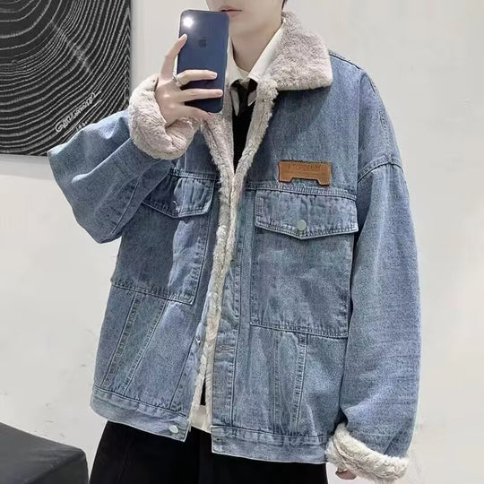 Herren Gefütterte Oversized Denimjacke mit Teddyfutter und Pattentaschen Shop Nory