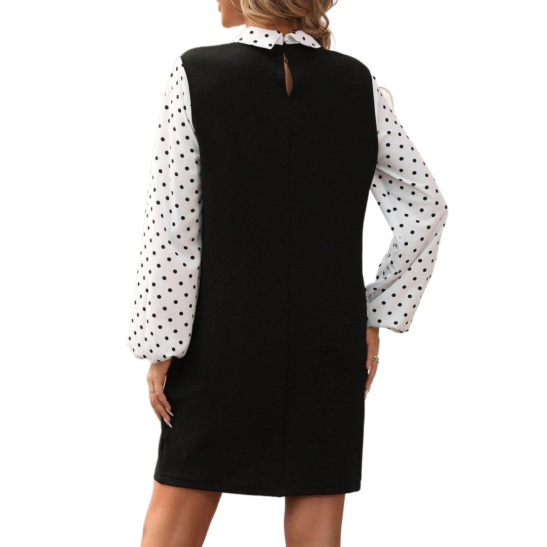 Damen Kontrastblusenkleid mit gepufften Polka-Dot-Ärmeln und Hemdkragen Shop Nory