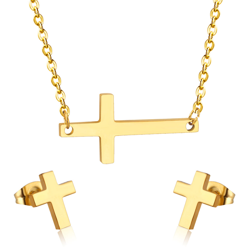 Damen Edelstahl Kreuz Schmuckset mit eleganter Halskette und passenden Ohrsteckern Shop Nory
