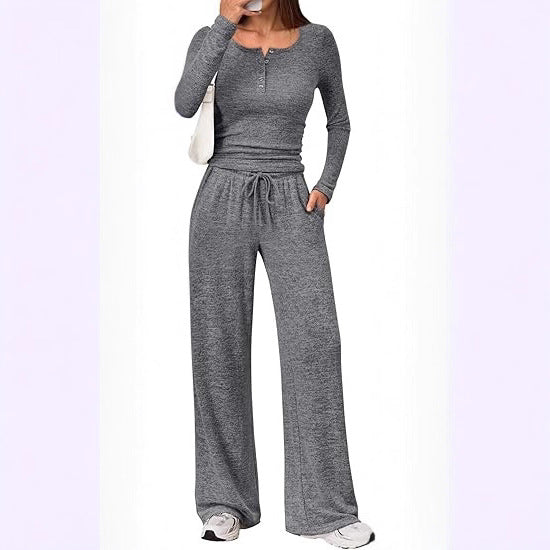 Damen Zweiteiliges Feinstrick-Lounge-Set mit Henley-Top und Palazzo-Hose Shop Nory