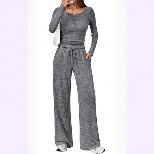 Damen Zweiteiliges Feinstrick-Lounge-Set mit Henley-Top und Palazzo-Hose Shop Nory