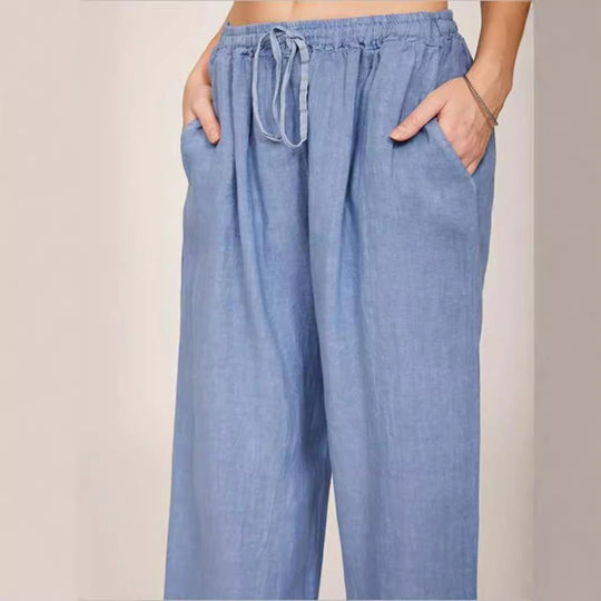 Damen Leinenhose mit weitem Bein und praktischen Seitentaschen