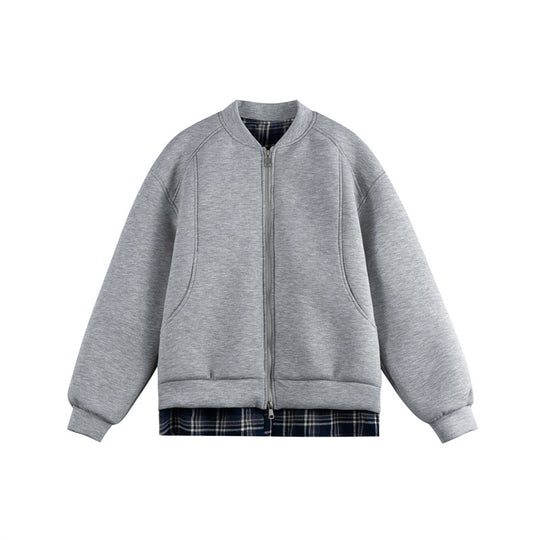 Damen Zwei‑in‑Eins Bomber‑Sweatjacke mit Karo‑Layer‑Einsatz und Stehkragen Shop Nory