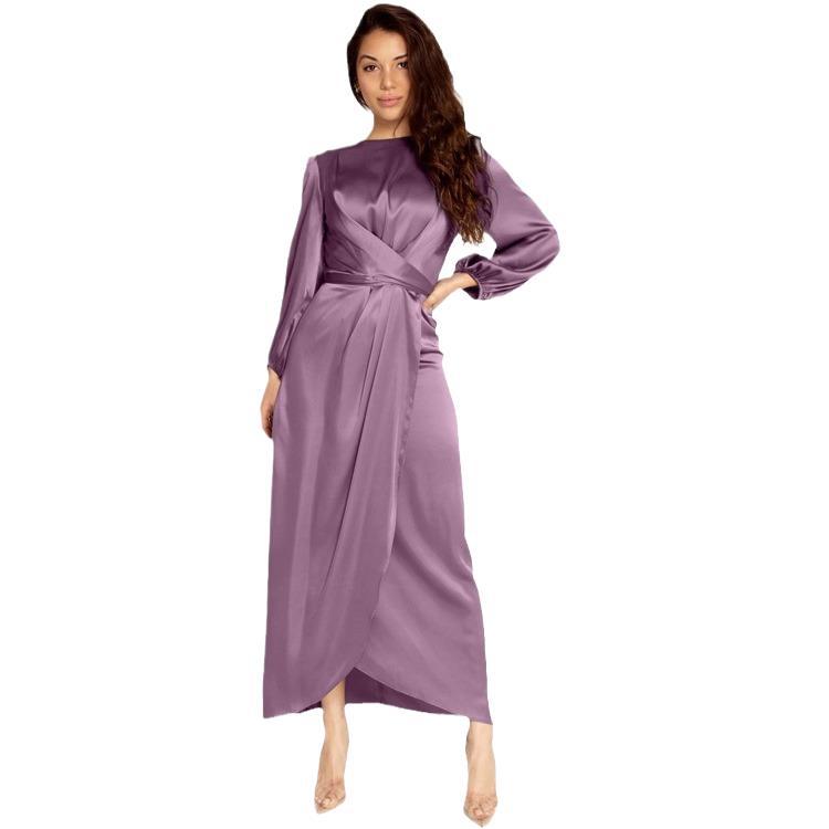 Damen Elegantes Maxikleid aus Satin mit Wickel-Detail, Langarm und Taillenband Shop Nory