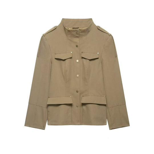 Damen Militärinspirierte Utility-Jacke mit Stehkragen und aufgesetzten Pattentaschen Shop Nory