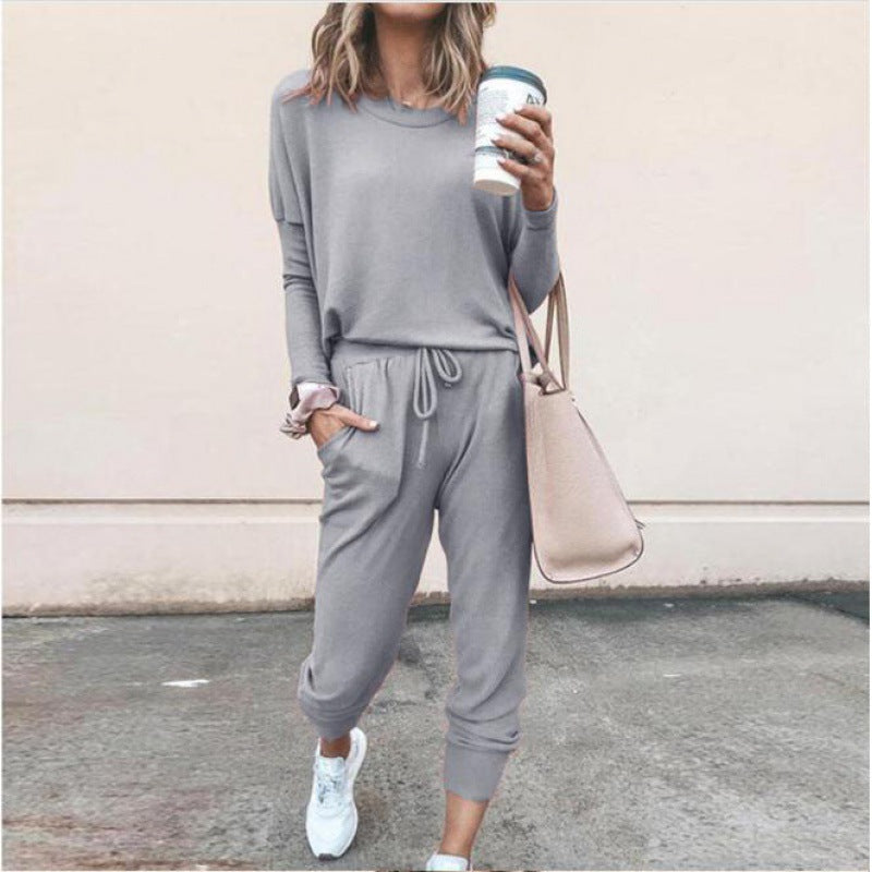 Damen Lässiges Lounge-Set mit Rundhalsausschnitt, Kordelzug-Hose und Bündchen Shop Nory