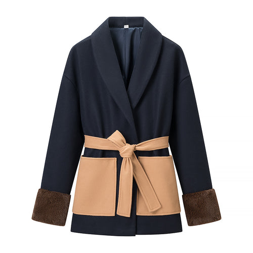 Damen Kurzmantel mit Bindegürtel, Kontrasttaschen und Kunstfellmanschetten Shop Nory