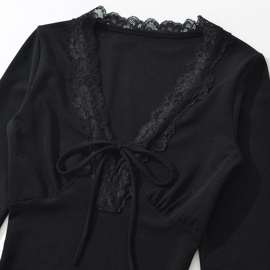 Damen Langarm-Shirt mit Spitzen-V-Ausschnitt und Bindeband Shop Nory