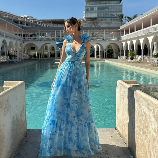 Damen Maxikleid mit luftigen Rüschendetails und ausgefallenem Wickeldesign