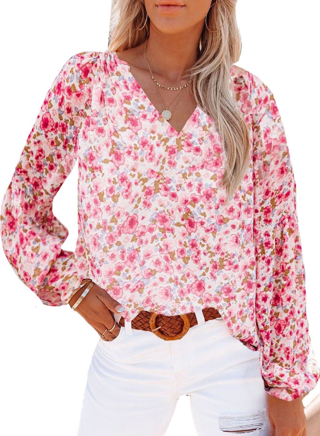 Damen Bluse mit floralen Mustern und V-Ausschnitt