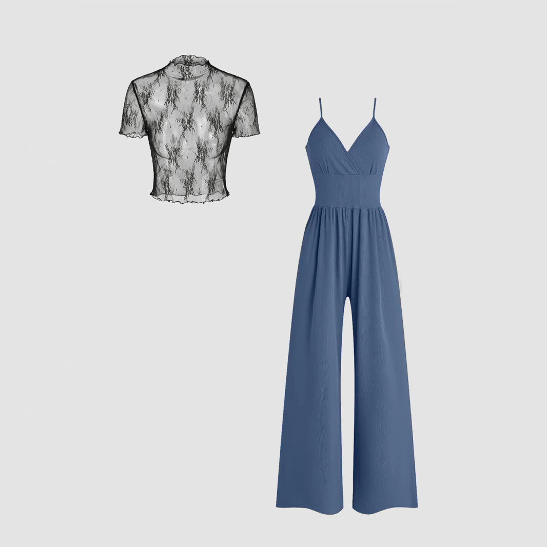Damen elegantes V-Ausschnitt Jumpsuit mit transparenter Bluse