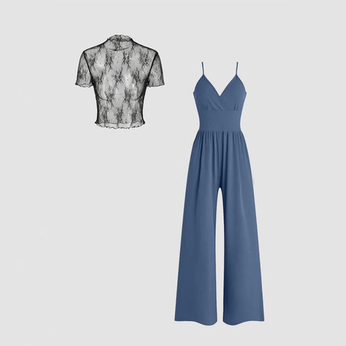 Damen elegantes V-Ausschnitt Jumpsuit mit transparenter Bluse