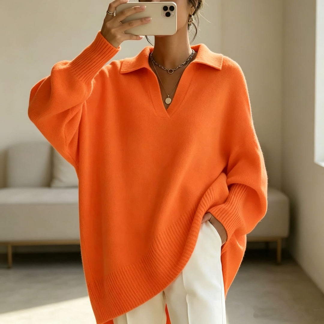Damen Oversize-Polokragen V-Ausschnitt Strickpullover mit Ballonärmeln Shop Nory
