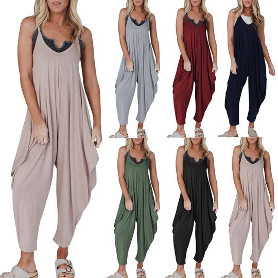 Damen bequemer Jumpsuit mit lässigem Schnitt und tiefem V-Ausschnitt Shopnory
