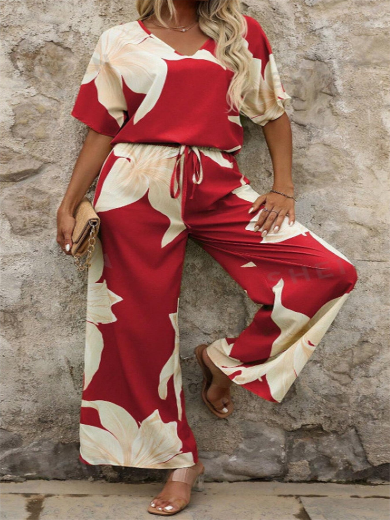 Damen Luftiges Zweiteiliges Set mit floralem Design und weitem Schnitt