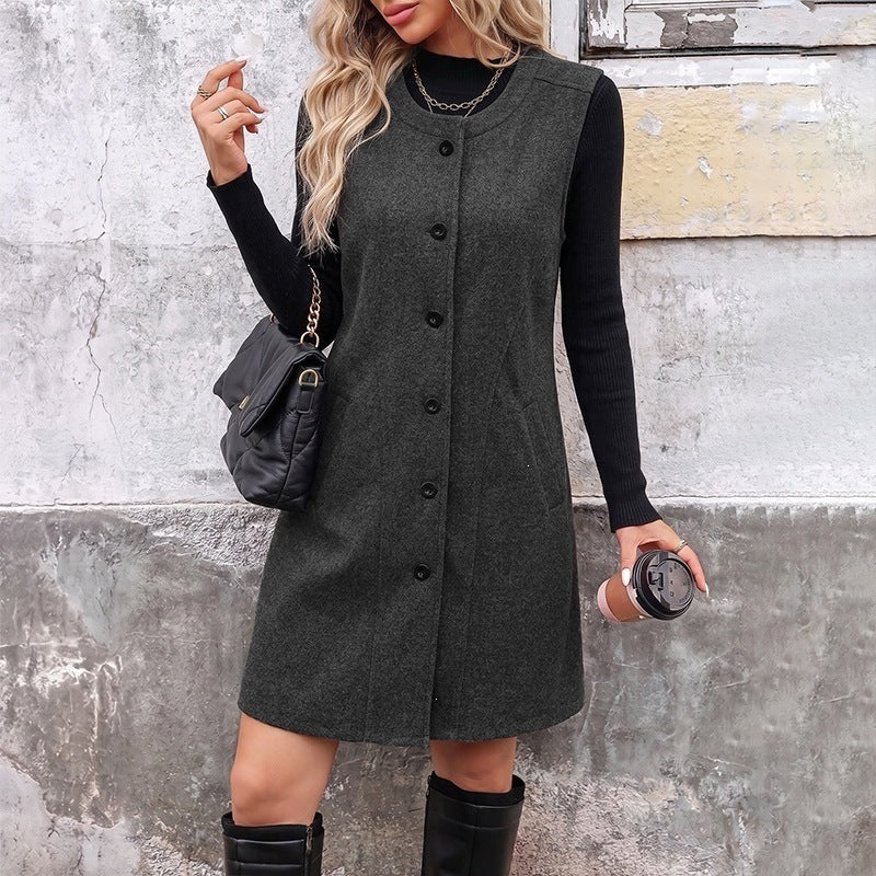 Damen Ärmelloser Wollmix-Mantelrock mit durchgehender Knopfleiste und Eingrifftaschen Shop Nory