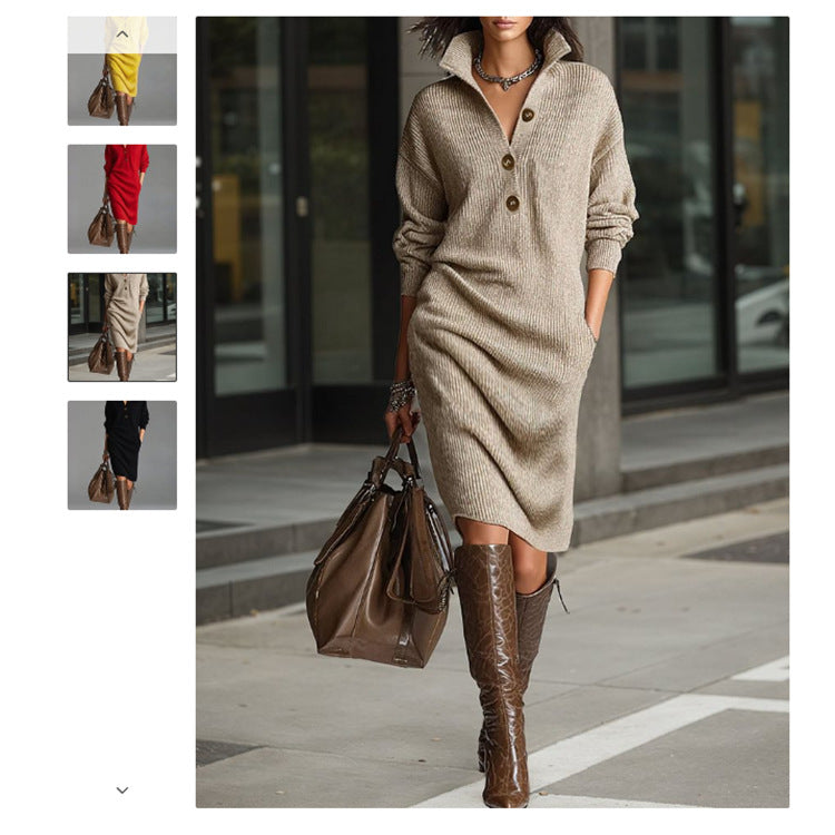 Damen nan gestricktes Pulloverkleid mit Polokragen, Eingrifftaschen und lässiger Passform Shop Nory