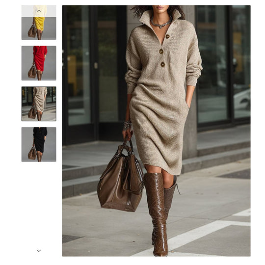 Damen nan gestricktes Pulloverkleid mit Polokragen, Eingrifftaschen und lässiger Passform Shop Nory