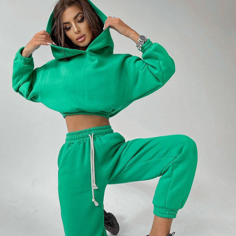 Damen cropped Stehkragen-Sweatset mit elastischem Taillenbund und hochtaillierter Tapered-Jogginghose Shop Nory