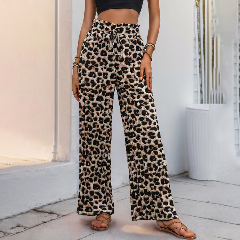 Damen Leichte Palazzo-Hose mit elastischem Bund, Bindekordel und Animal-Print Shop Nory