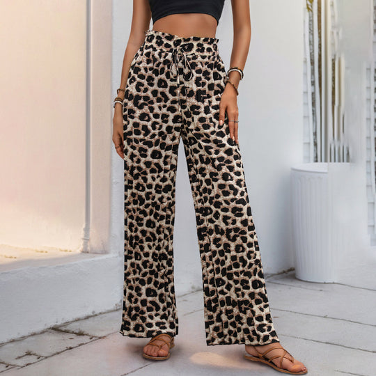 Damen Leichte Palazzo-Hose mit elastischem Bund, Bindekordel und Animal-Print Shop Nory