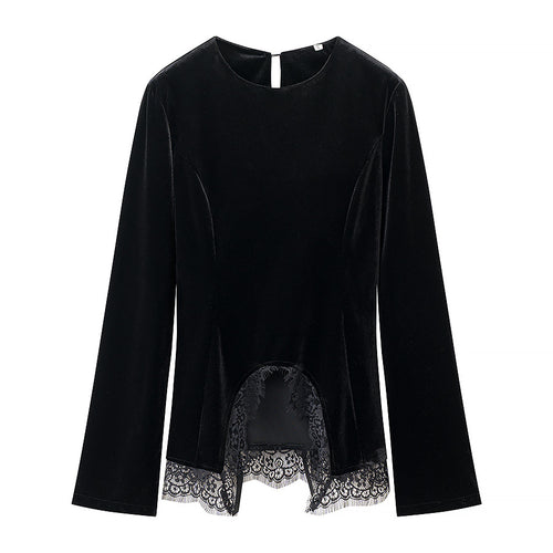 Damen Samtbluse mit Spitzen-Insert und asymmetrischem Spitzensaum Shop Nory