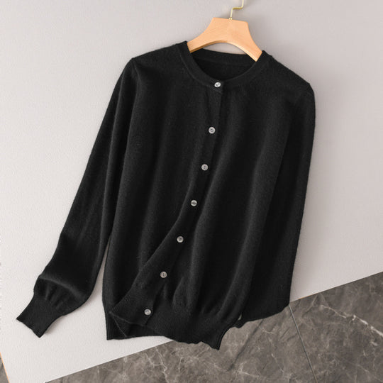 Damen Leichter Rundhals-Knopfcardigan in Kaschmiroptik mit feiner Rippkante und lässiger Silhouette Shop Nory