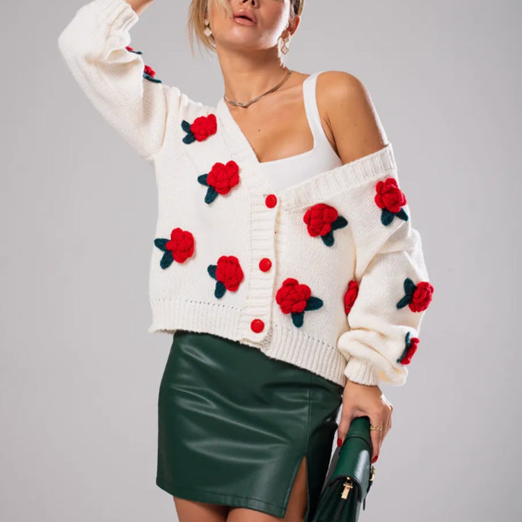 Damen Geblümter Strick-Cardigan mit 3D-Blumenapplikationen und V-Ausschnitt Shop Nory