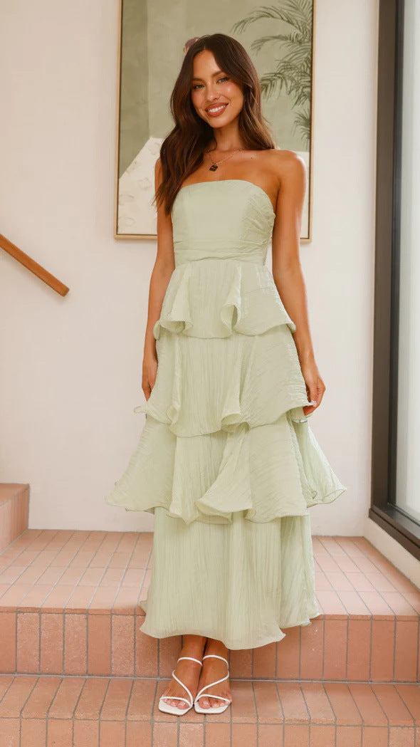 Damen Maxikleid mit voluminösen Rüschen und schulterfreiem Design