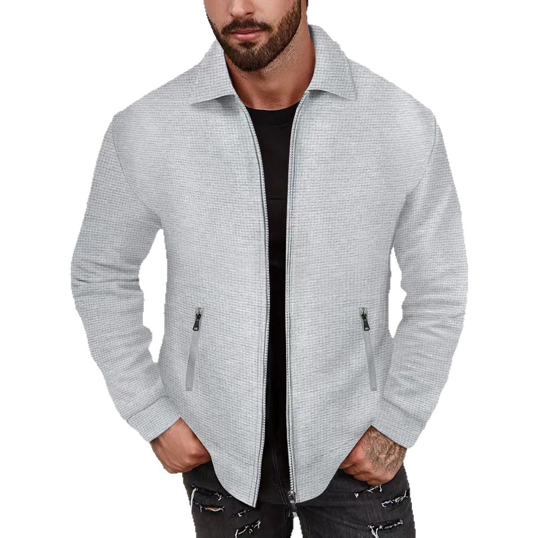 Herren minimalistische Stehkragen-Feinstrick-Übergangsjacke mit Zwei-Wege-Reißverschluss und verdeckten Reißverschlusstaschen Shop Nory
