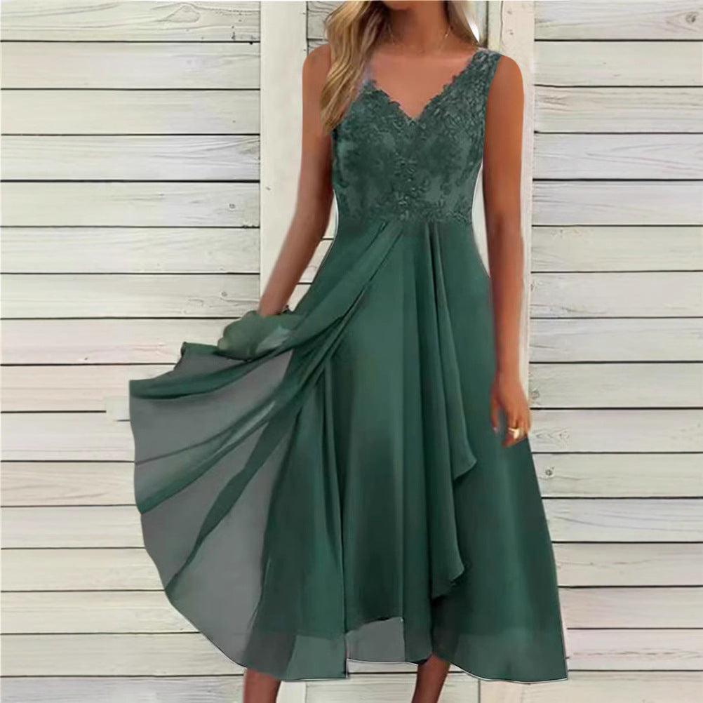 Damen nan elegantes Abend-Midikleid mit bestickter Spitzen-Büste, taillierter Drapierung und fließendem Lagenrock