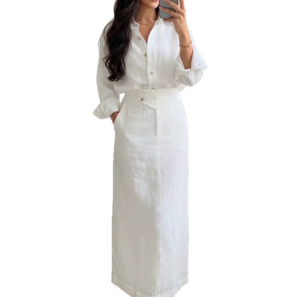 Damen Zweiteiliges Leinen-Set mit Oversized-Hemd und tailliertem Maxirock Shop Nory