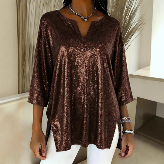 Damen Glitzerndes Oversize-Longshirt mit V-Ausschnitt und seitlichen Schlitzen Shop Nory